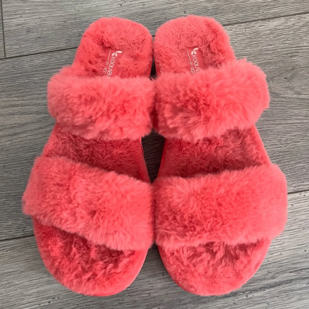 Koolaburra By UGG Faux Fur Slides Sandals Coral Comfy - Picture 3 of 5